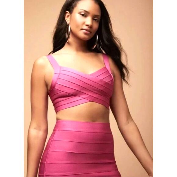 NWOT Hervé Léger x Forever 21 Electric Pink Bandage Sleeveless V Crop Top Size L - Picture 5 of 9
